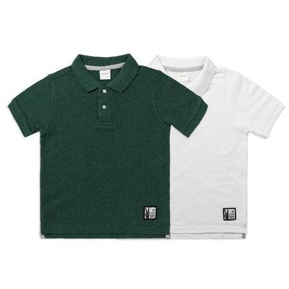 Kids Polo Combo x 2 (4 - 14 Years) - White / Forest Green Melange